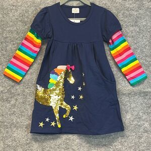 NWT VIKITA Dress Girls Size 2-3 Navy Rainbow Striped Long Sleeve Sequin Unicorn